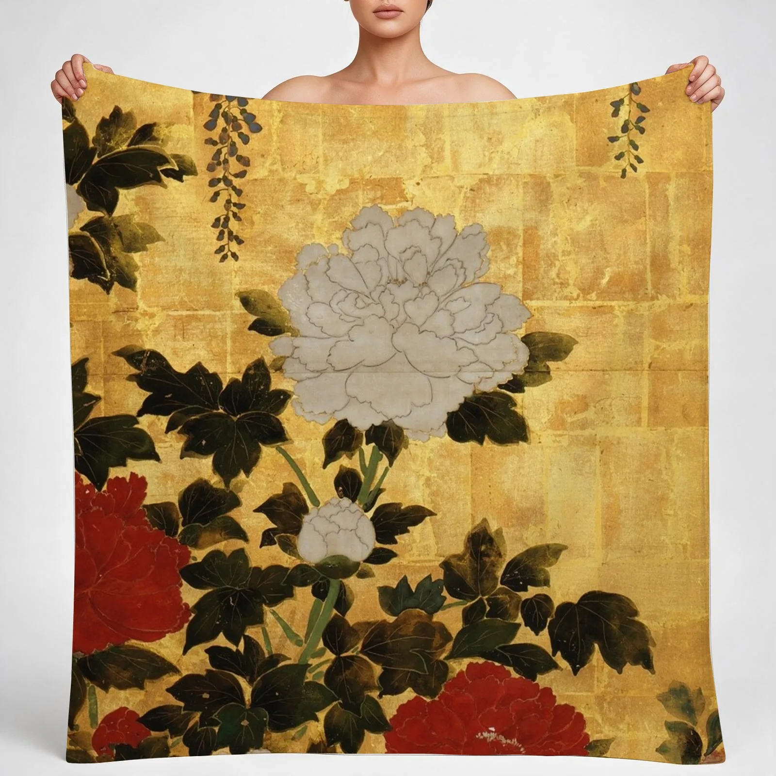 Vintage Japanese Floral Gold Leaf Screen With Wisteria and Peonies Throw Blanket couch