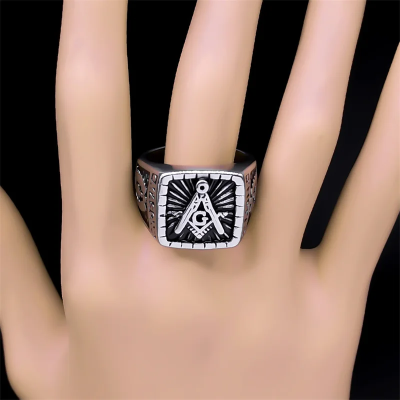 Classic Masonic Ring for Men Women Stainless Steel Silver Color Hiphop Rock Freemasonry Compass Motor Biker Ring Jewelry R538S06