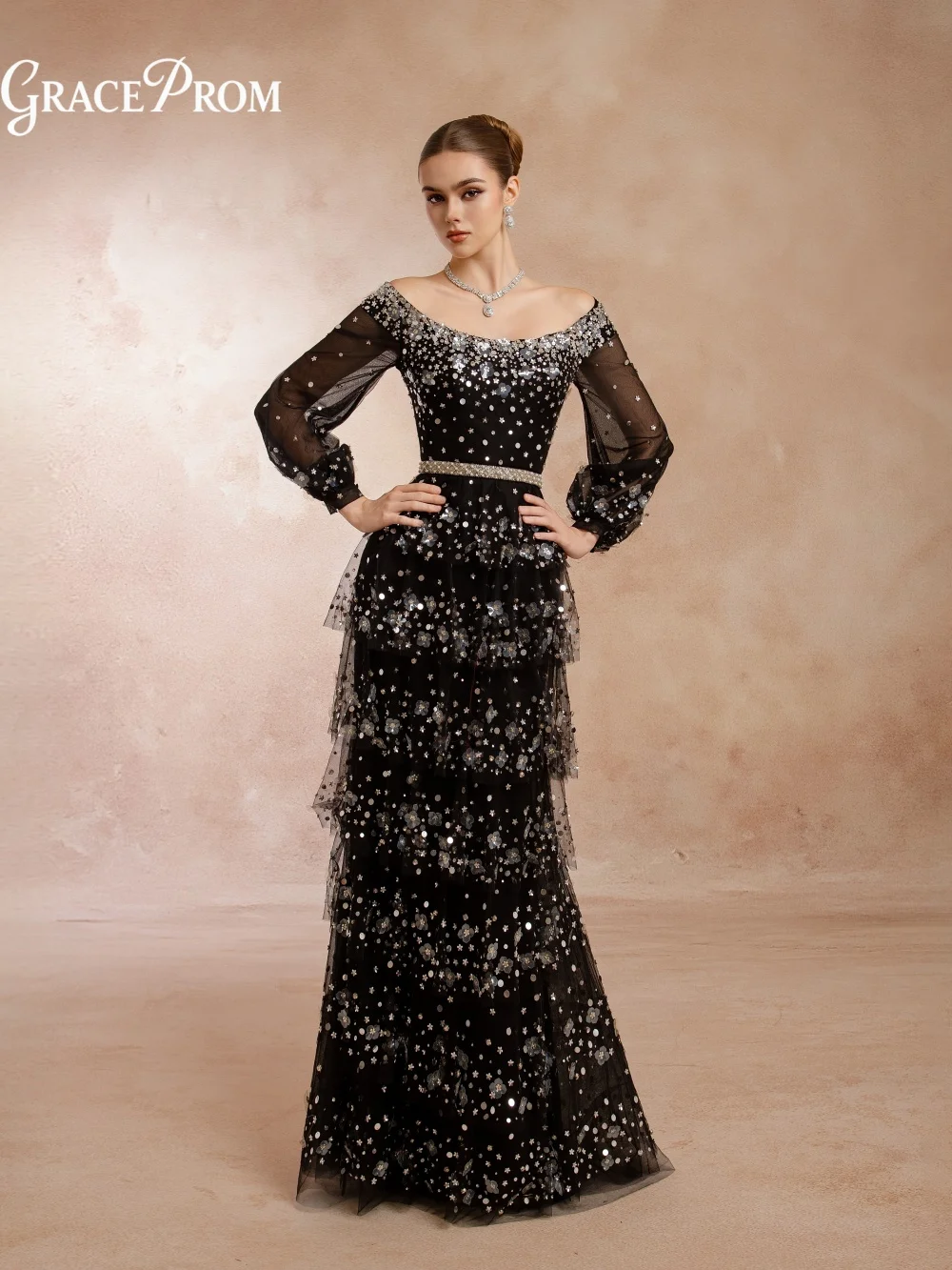 

Stunning Off Shoulder Sheer Puff Long Sleeve Black Tulle Tiered Ruffle Party Dress Evening Gown For Wedding Guests فساتين سهرة