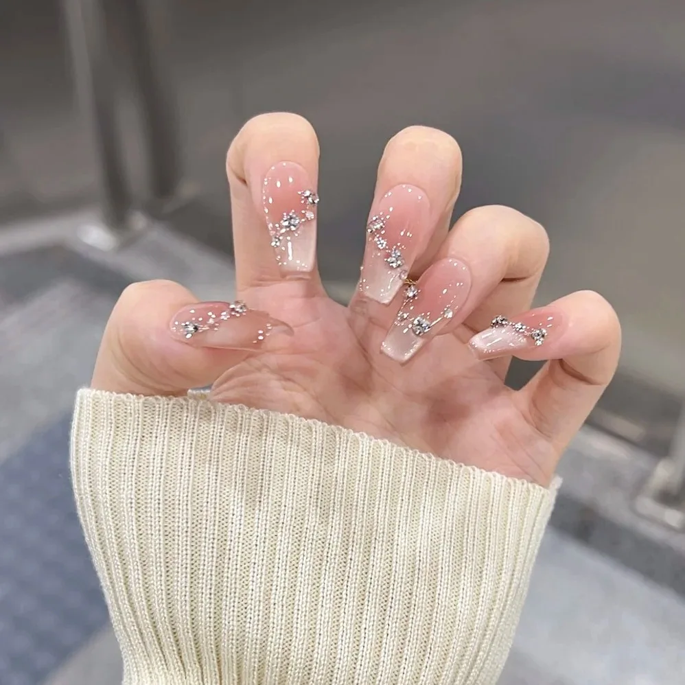 

Pure desire style sweet tea blush french secret cat eye diamond manicure wearable nail whitening detachable finished patch 30