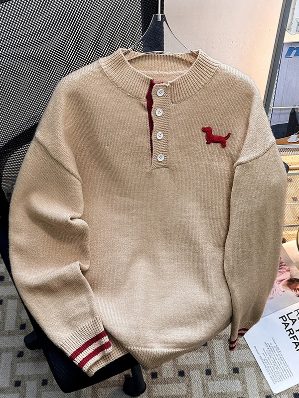 

Men's Knitted Sweater Button Embroidered Loose Fit Overhead Winter Faion Brand Doggie Knitwear Casual Long Sve round Ne
