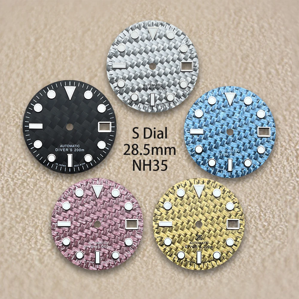 28.5mm S Logo Carbon Fiber Dial Fit NH35/NH36/4R/7S Movement Green Luminous Weave High-Quality Watch Modification Accessories