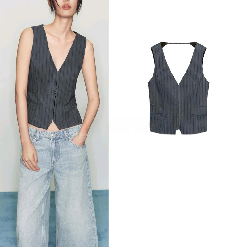 

Новый осенний женский повседневный топ-жилет с V-образным вырезом, металлическими крючками, синими полосками, застежкой-молнией, из полиэфирного волокна