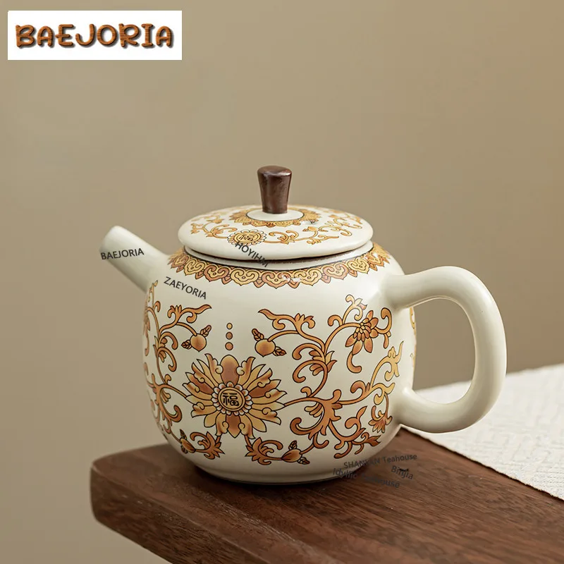 BAEJORIA 230ML Ru Kiln Golden Flower Blessing Teapot Single Pot With Ball Hole Filter Household Ceramic Kettle Can Nourish Gifts