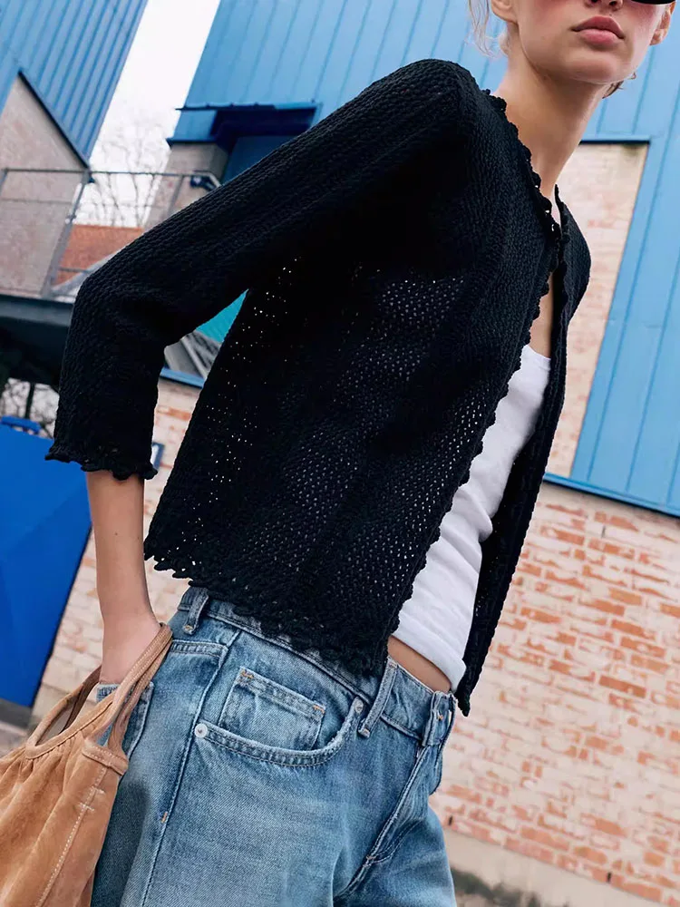 Spring New Fashion Women's Long Sleeve round Neck Casual Knitted Hollow out Jacket European Style Ladies Premium Short Coat
