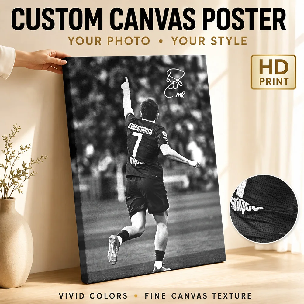 Kvaratskhelia Player Celebrating Canvas Painting Poster Custom Photo Sports Portrait Wall Art for Man Cave Decor Ready to Hang