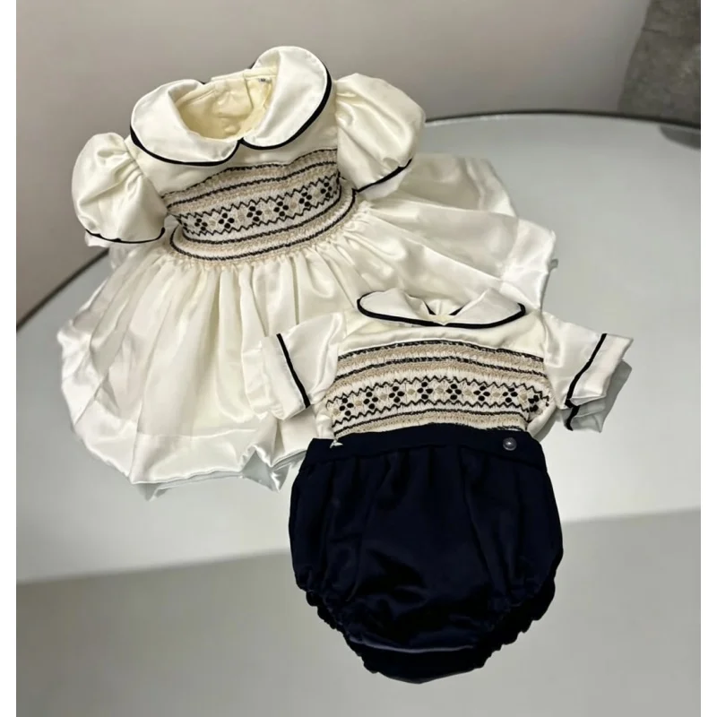 Vintage Hand Smocked Embroidery Matching Sibling Clothes Baby Girl Dress & Black Outfit Suit for Birthday Party Photography A439