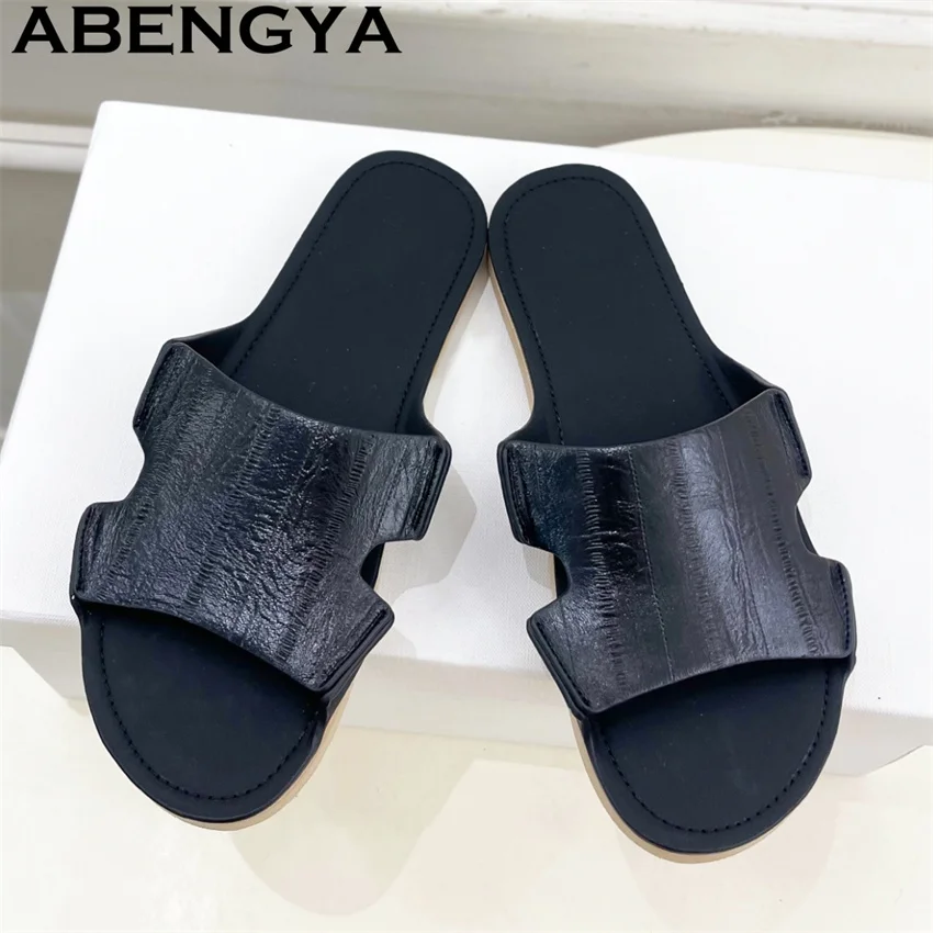 

Лоферы из натуральной кожи с круглым открытым носком, тапочки на плоской подошве, женские повседневные удобные пляжные тапочки, летние модные женские тапочки в стиле панк