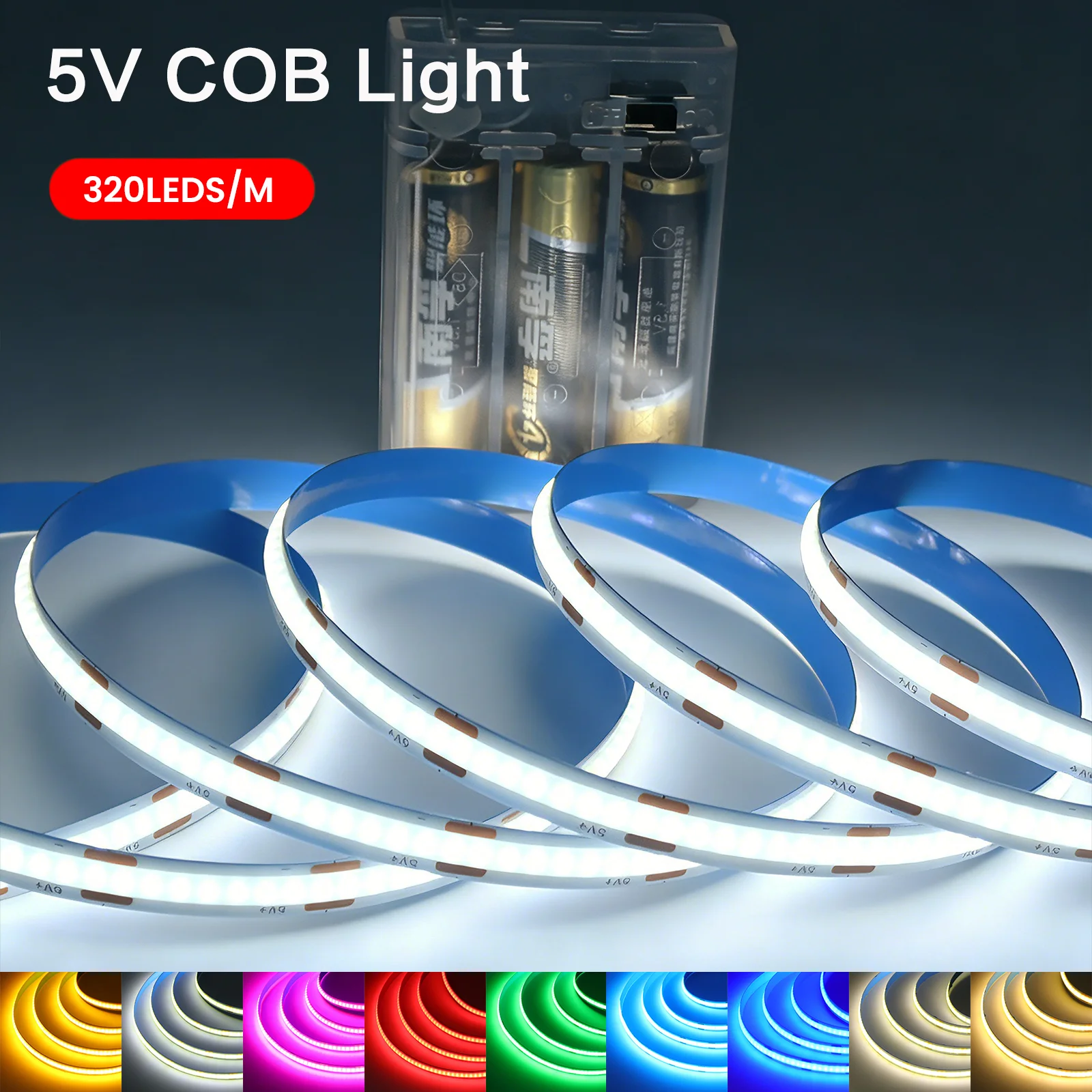 5V USB COB Led Strip Lights with 3AA Battery Box 8MM 320Leds/m Flexible Diode Tape White Warm White TV Mirror Backlight