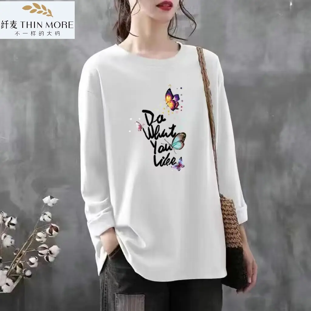 Women Clothing Fashion Pure Cotton O-neck Long Sleeve T-shirt Autumn Casual Loose Butterfly Print Tee Office Lady Elegant Tops