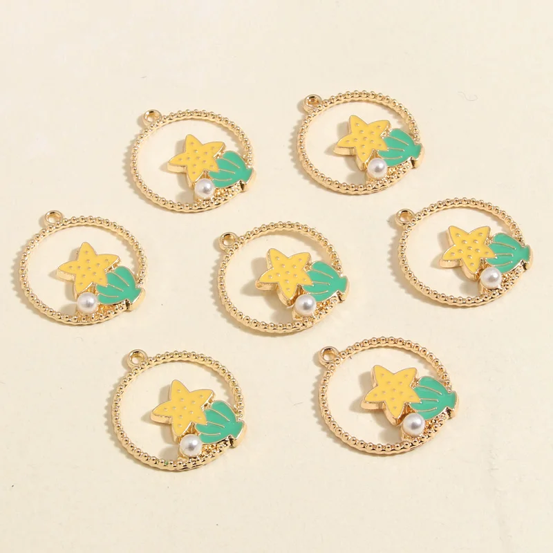 10pcs Gold Color 24x21mm Cute Enamel Starfish Shell Pearl Charms Sea Pendant Fit Earrings Jewelry Making Handcrafted Accessories