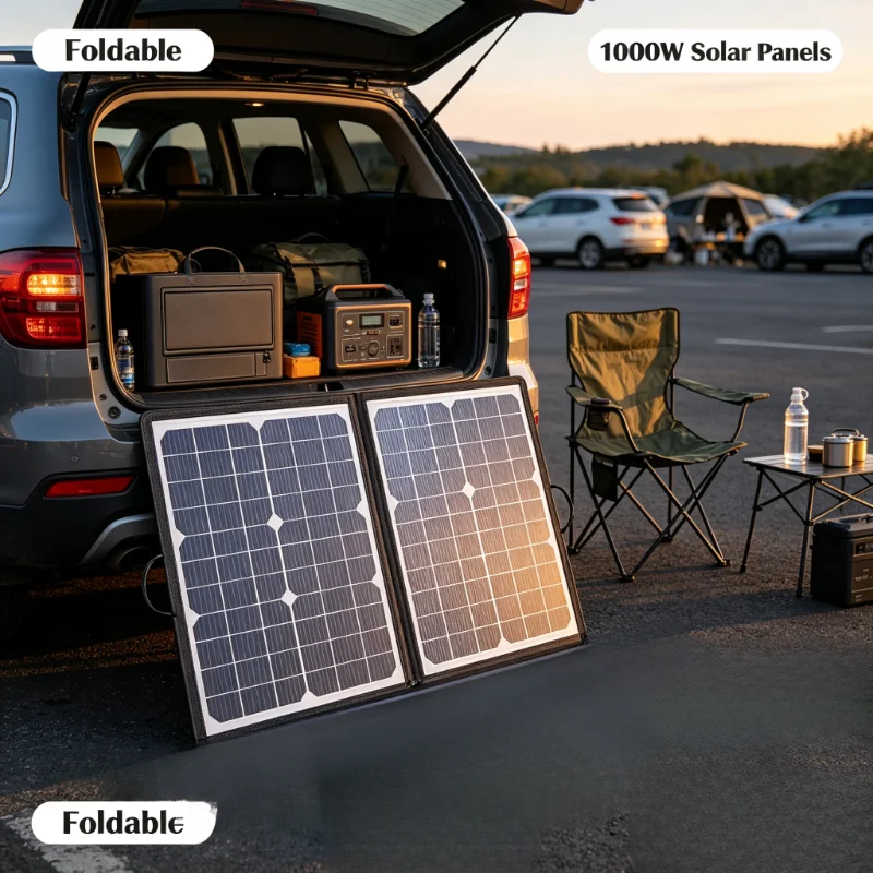 1000W faltbares monokristallines Solarpanel, tragbares, wasserdichtes Solarladegerät-Set, Mehrfachausgangsanschluss für Solar-Generator, Camping, Wohnmobil, Reisen, Zuhause, Notstromversorgung