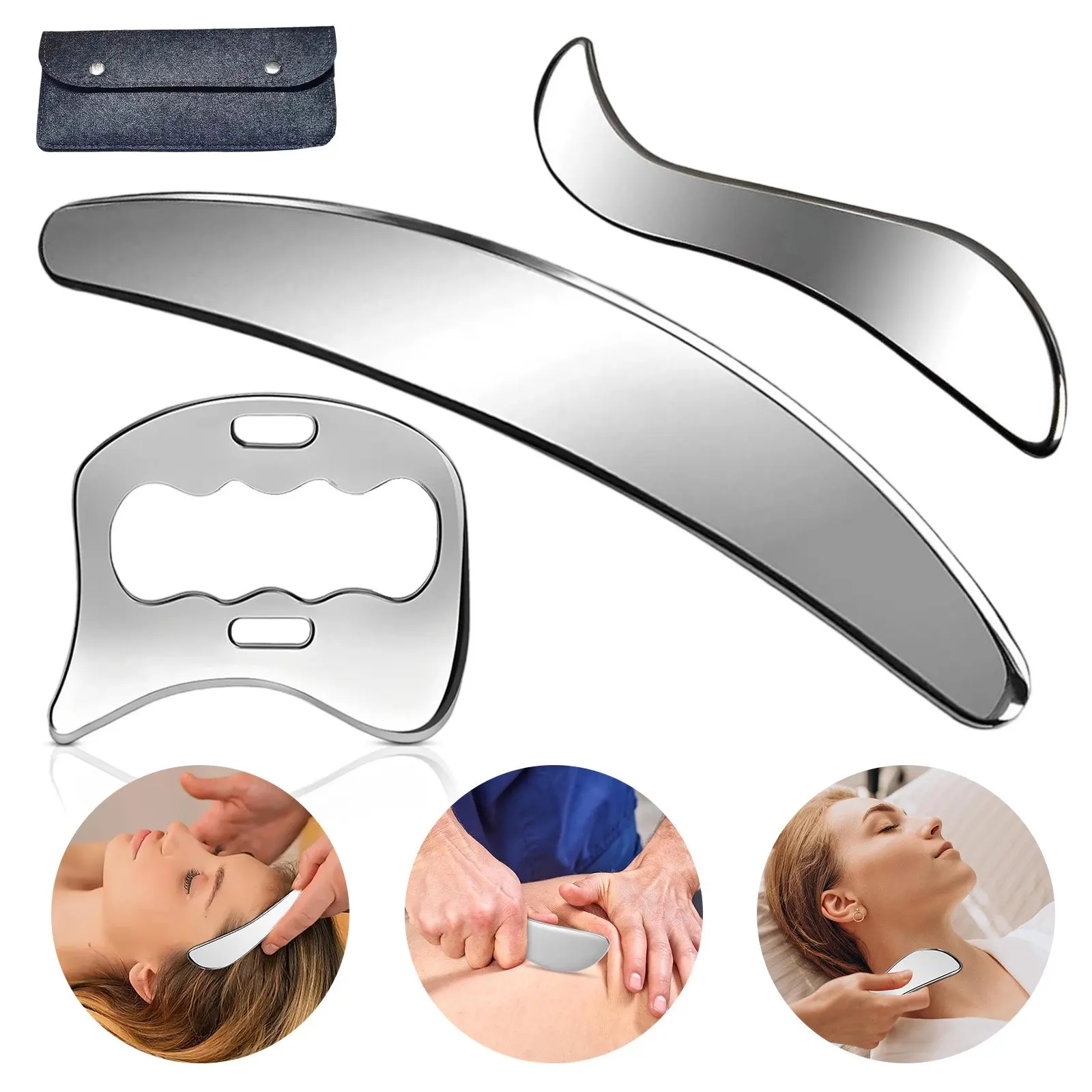 Lot de 3 outils de massage Gua Sha en acier inoxydable, planches de massage pour la thérapie physique du dos, du cou, des mollets, du torse et des avant-bras