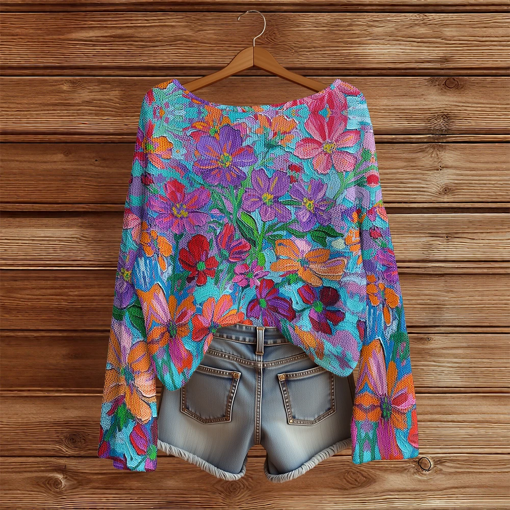 

Повседневные вязаные свитера с цветочным принтом для женщин, пуловер с круглым вырезом, свободный свитер с длинными рукавами, модные уличные джемперы, топы