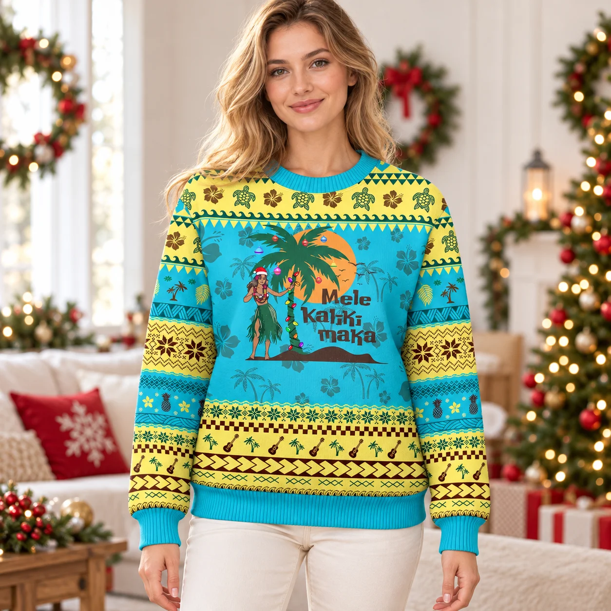 2027 Trade Snowy Scenes for Tropical Art on an Ugly Christmas Sweater Beach Print Crewneck Sweaters for Casual Holiday Outfits