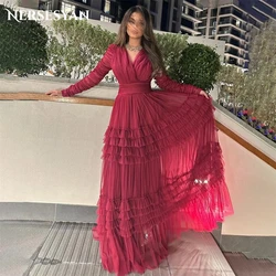 Nersesyan Pleats Solid Formal Prom Dresses V-Neck A-Line Floor Length Evening Dress Triered Ruching Pageant Wedding Party Gowns