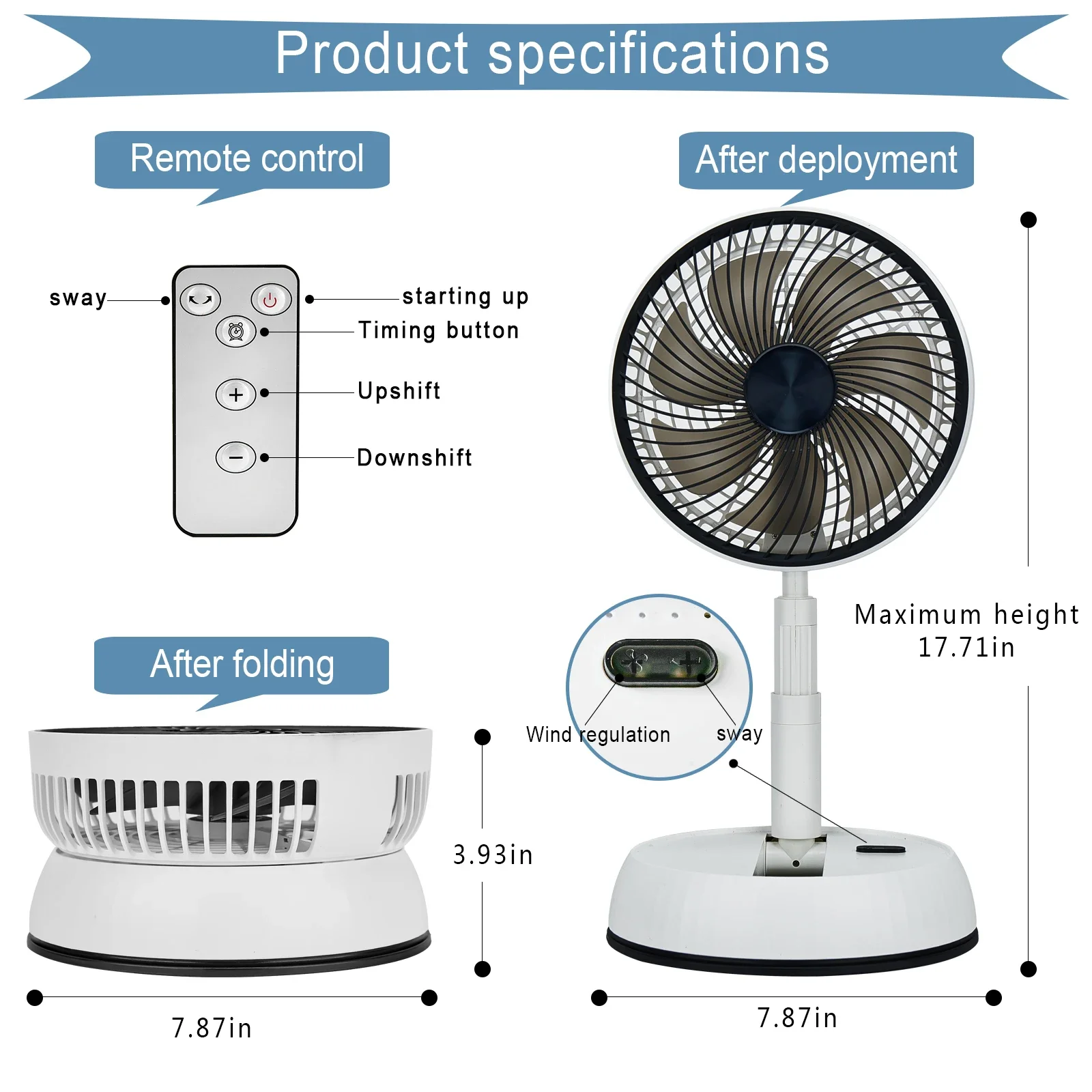 New Gale Telescopic Folding Fan Shaking Time Outdoor Remote Control Fan Floor Rechargeable Portable 7-inch USB Folding