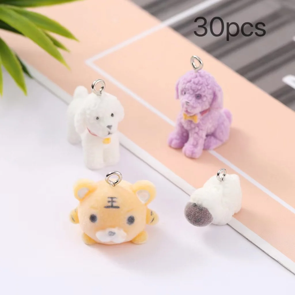 

30pcs Cute flocked animals charms cartoon tiger sheep puppy shape resin pendant for Necklace Keychains diy jewelry making