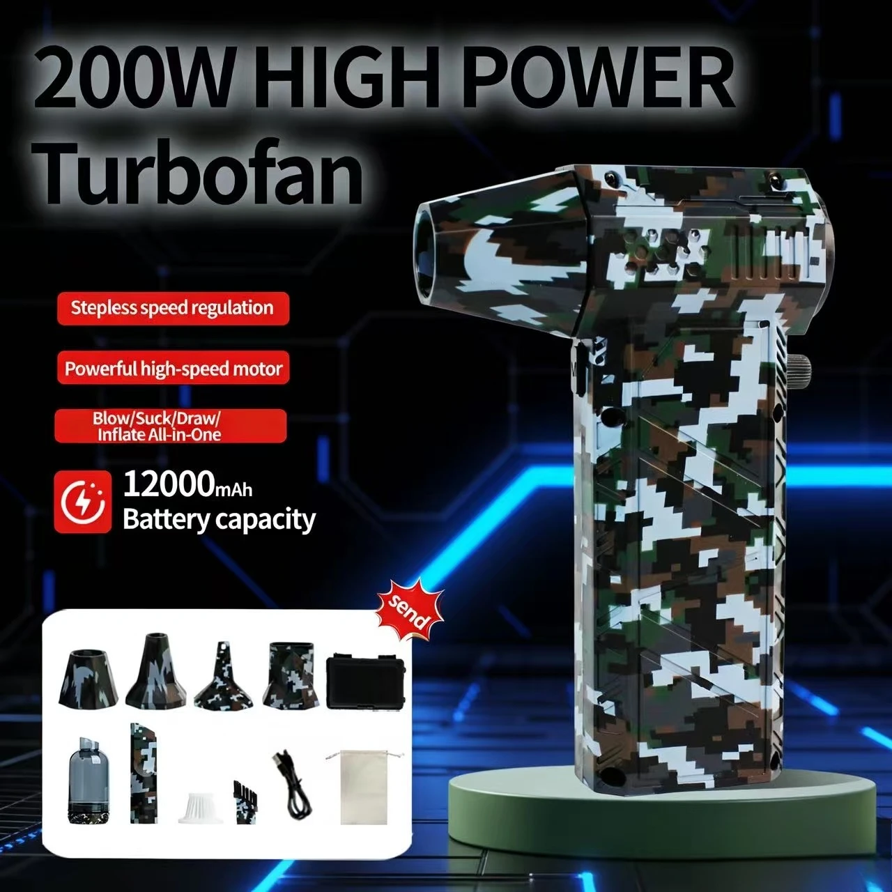 

X16 Powerful Fan, 300000 RPM Turbo Jet Type, 12000mAh, 200W High Power, for Air Drying, Mop Cleaning, Car & PC Use