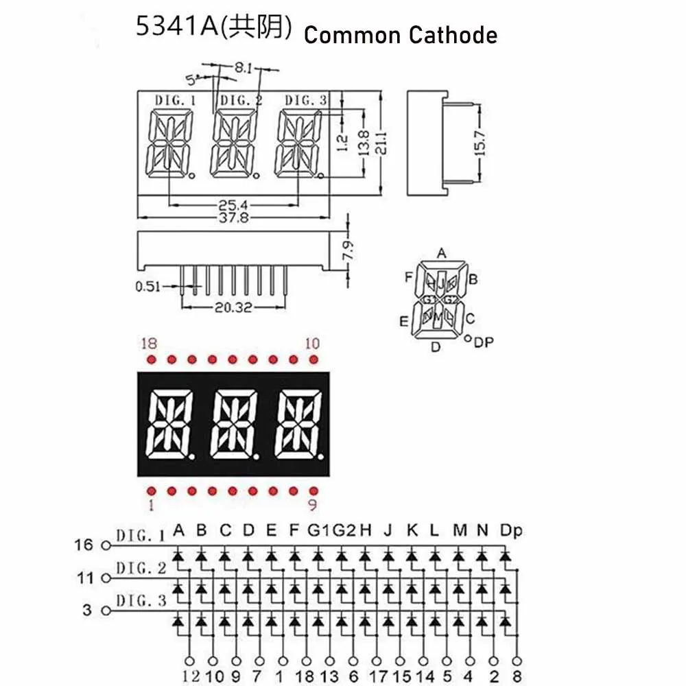 50Pcs Red Yellow Green  0.54 Inch 14 Segment LED Display 3 Digital Tube Module Common Anode /Cathode