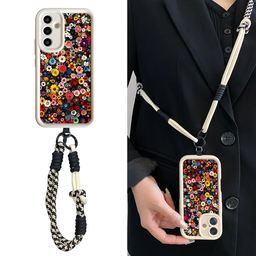 Étui à fleurs colorées pour Samsung S25 Ultra S24 S23 S22 S21 Plus S23 S24 FE, chaîne de poignet, collier, lanière à bandoulière, Funda, 2025