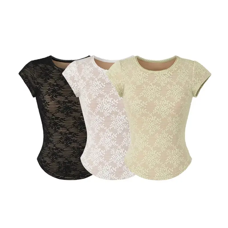 Mint Green Lace Short Sleeve T-Shirt Women's Slim Fit round Neck Top Ageless Gentle Style Summer Fashion Ladies' Clothing