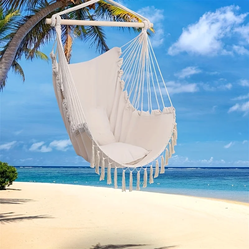 

Anti-Tip Hanging Hammock Chair with Stand, Heavy-Duty Beige Swing Seat for Patio & Garden, Includes Chains & Hardware for Easy