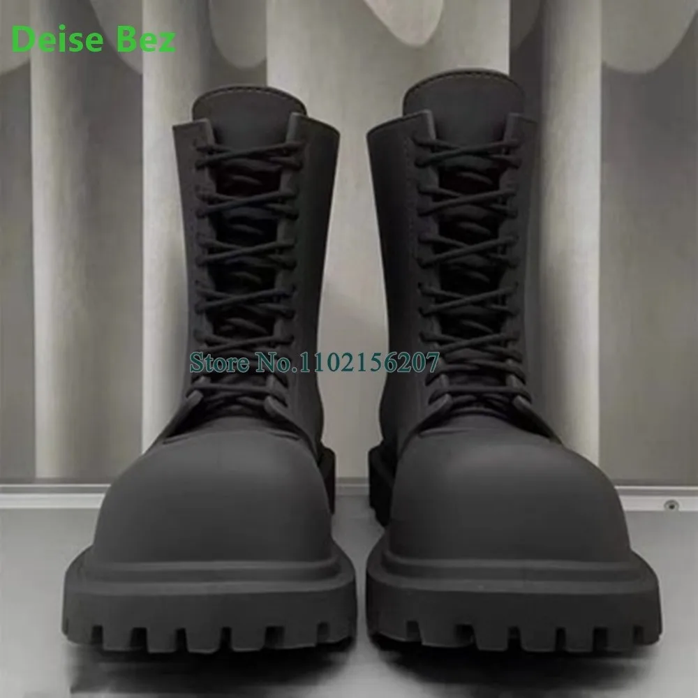 Botas negras de punta redonda grande para mujeres y hombres, Botines altos planos, sólidos, hechos a mano, zapatos casuales que combinan con todo,