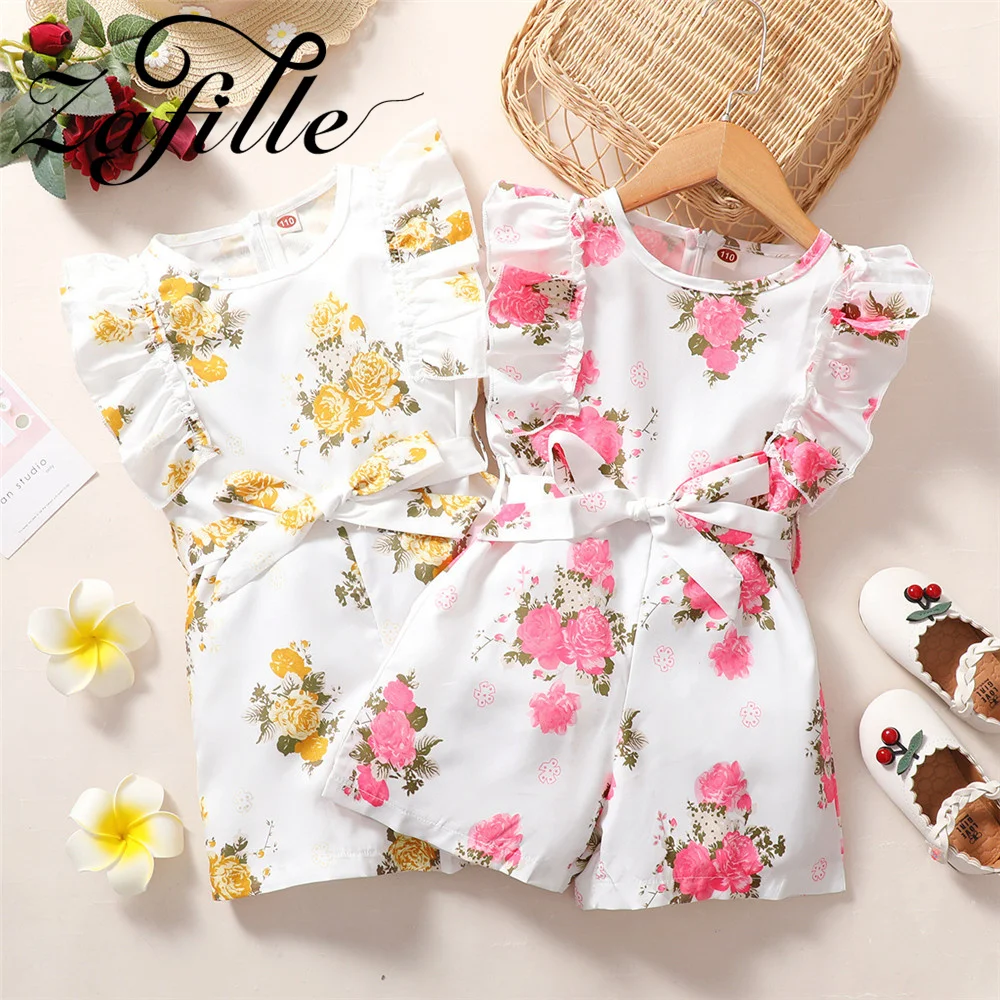 ZAFILLE Sleeveless Ruffles Kids Girls Jumpsuits Flowers Print Baby Summer Clothes Zipper Children's Overalls For Girls Clothing