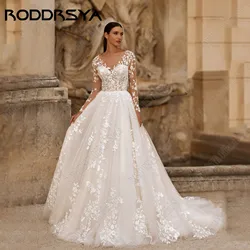 RODDRSYA Applique Lace Wedding Dress for Woman Bride Customized Long Sleeves Scoop Neck Illusion Back Boho vestidos de novia