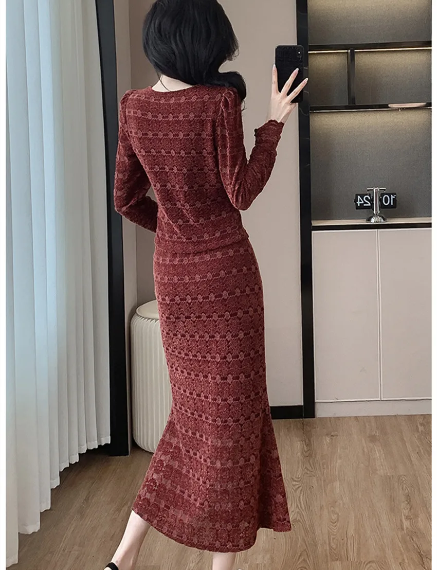 Elegant Autumn Lace Party Two Piece Set New Vintage Women V Neck Buttons Split Short Tops + Mermaid Bodycon Long Skirt Suits