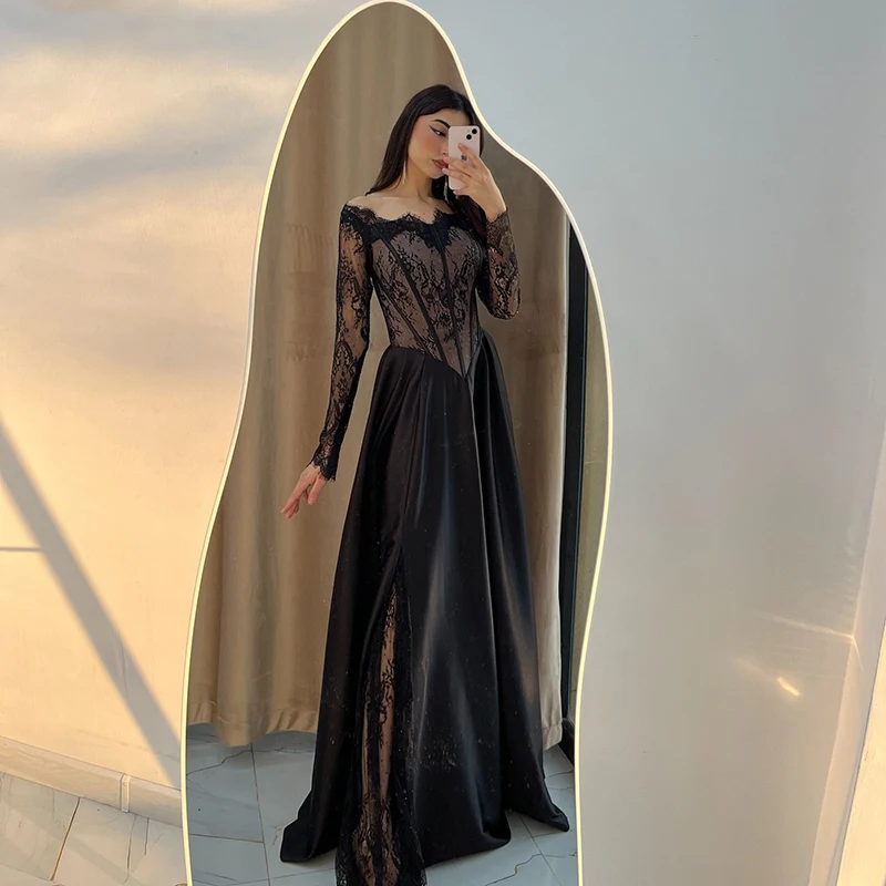 Thinyfull Zwarte A-lijn Prom Avondjurken Saudi Arabië Lange Mouw Kant Feestjurk Sexy Nacht Cocktail Prom Jassen Aangepast