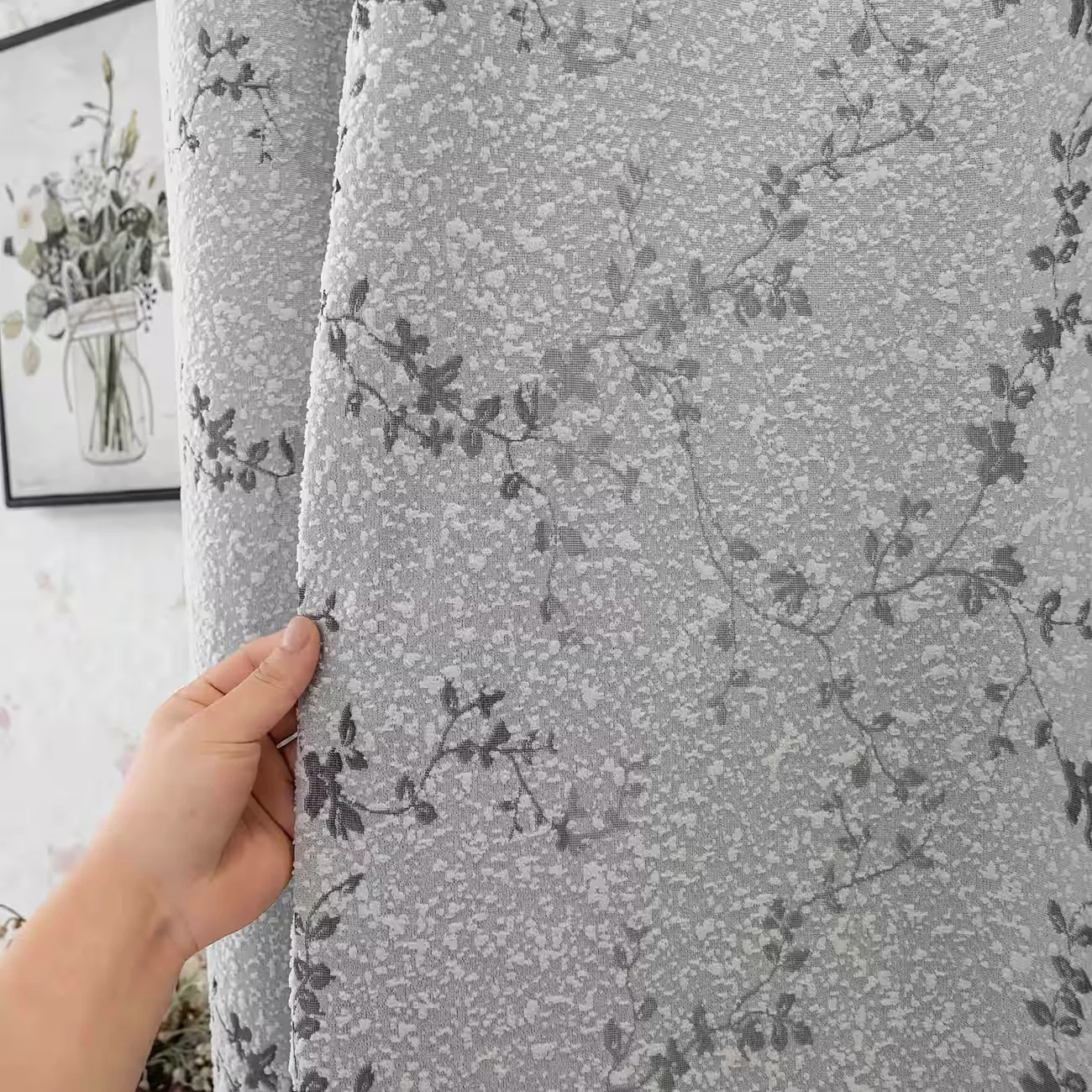 1pc Silver Gray Floral Jacquard Eyelet Curtain, Wrinkle Resistant Fade Proof for Living Room Bedroom Balcony Bay Window