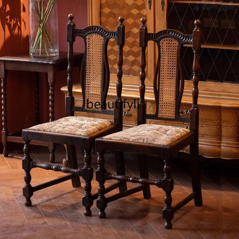 

Medieval style solid wood dining chair American hand-carved fabric office dressing leisure chair