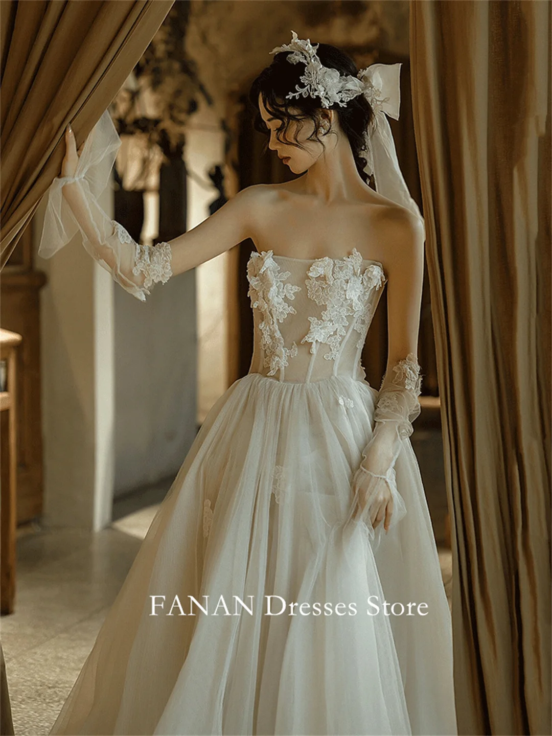 Gaun pengantin model A-Line antik tanpa tali FANAN Korea gaun pernikahan Tulle Corset 드**3/2014 korset klasik buatan kustom gaun pengantin ukuran Plus