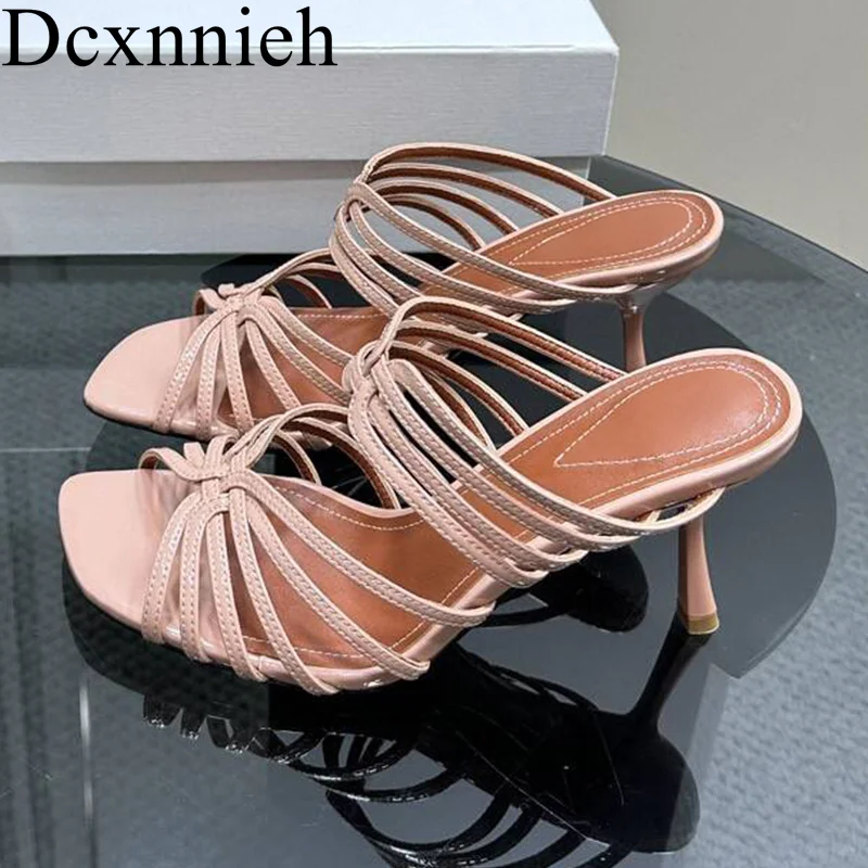 

Runway Thin High Heel Open Toe Slippers Women Genuine Leather Narrow Band Sandals Ladies Vacation Sandalias Party Banquet Shoes