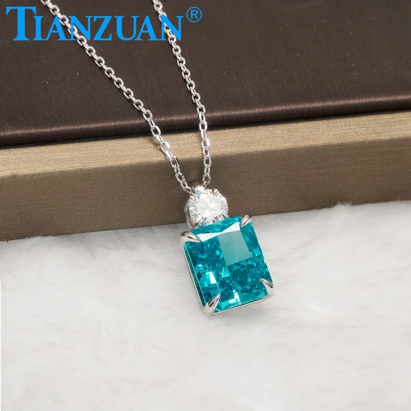 Nowy kształt prostokąta 10x12mm Paraiba kolor cyrkon kamień boczny moissanite 925 srebrny wisiorek naszyjnik Party Fine Jewelry