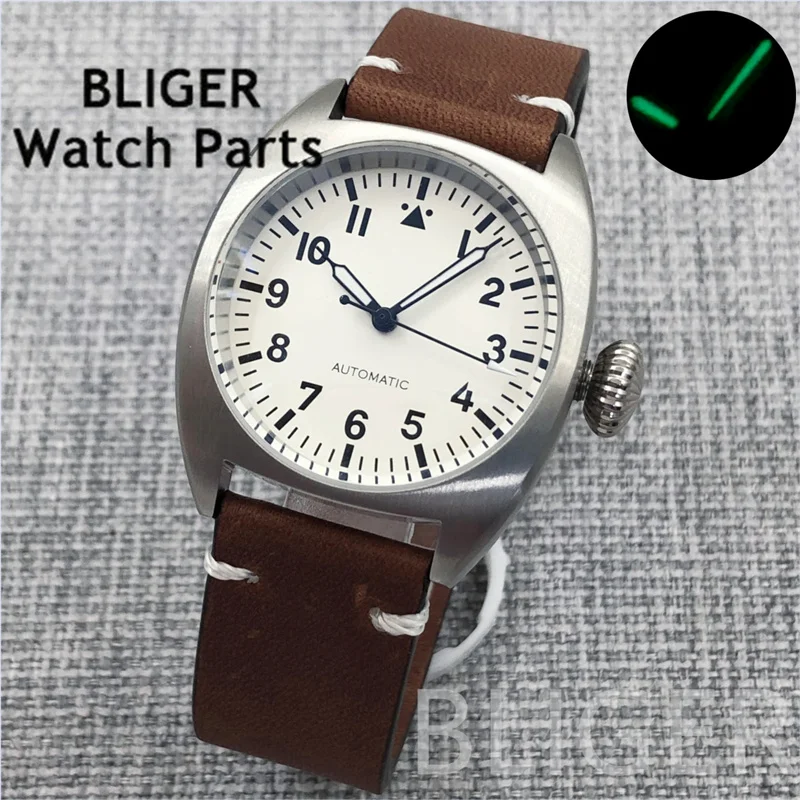 

BLIGER 36mm/39mm NH35 10Bar Automatic Dive Pilot Men's Watches Double Mineral Glass Luminous Leather Strap Big Crown/Small Crown