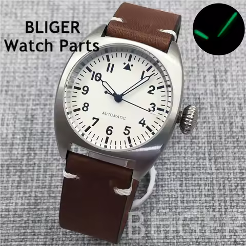 BLIGER 36mm/39mm NH35 10Bar Automatic Dive Pilot Men's Watches Double Mineral Glass Luminous Leather Strap Big Crown/Small Crown