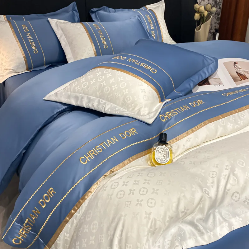 

Light luxury 120S washed silk four piece set embroidered nude sleeping ice silk sliding duvet cover Tencel bed sheet premium bed