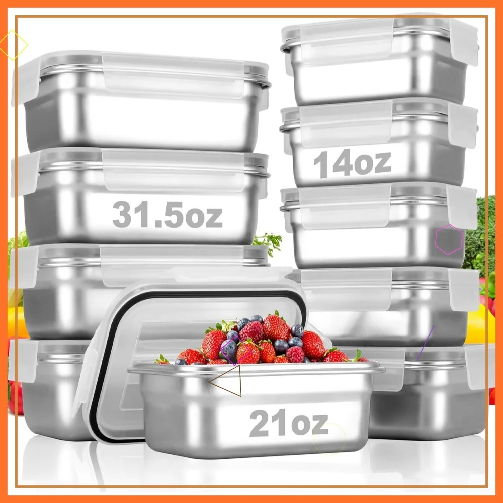 

10-Piece Stainless Steel Food Containers with Lids, Airtight Bento Lunch Box, Oven/Dishwasher/Freezer Safe