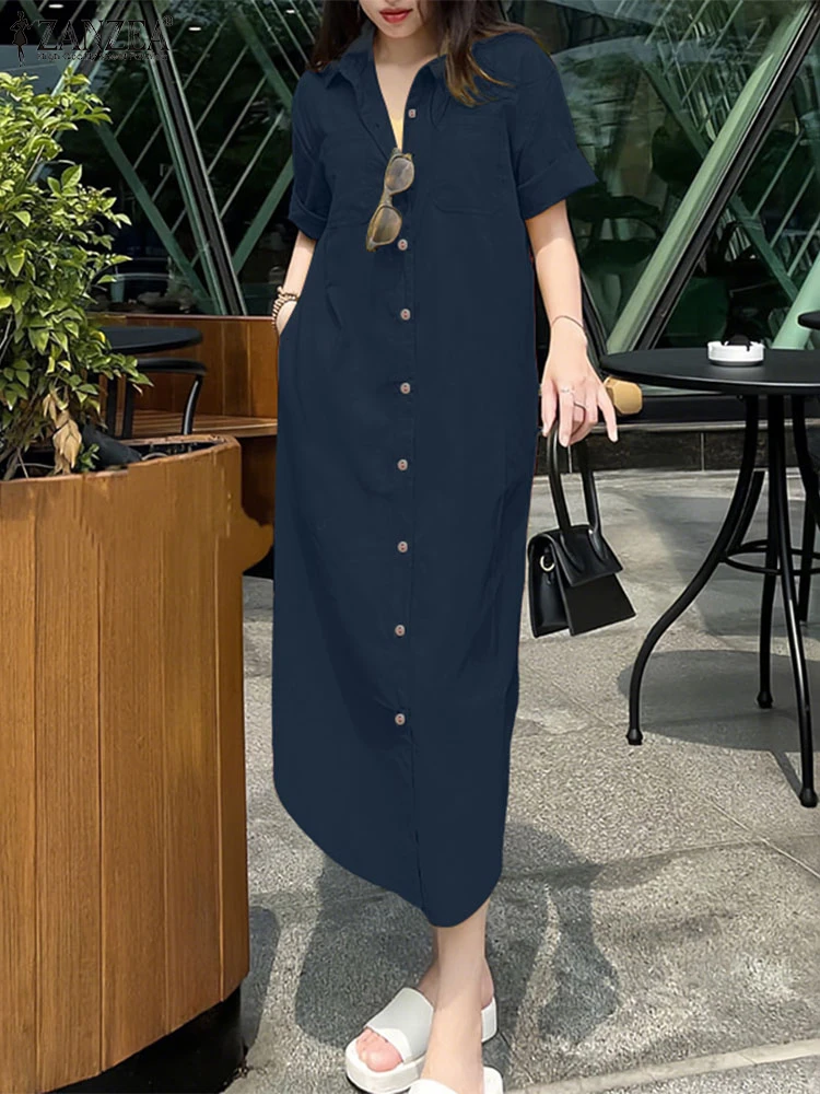 Zanzea feminino lapela pescoço manga curta camisa vestido 2025 vestido de verão elegante sólido trabalho ol vestidos casuais baggy férias vestido de verão