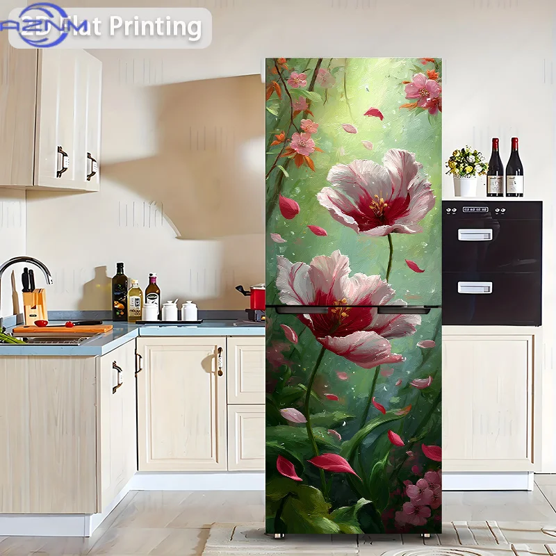 Refrigerator Sticker 60x180cm, Two Pink, White, and Red-Patterned Flowers Blooming on a Green Background with Fluttering Petal