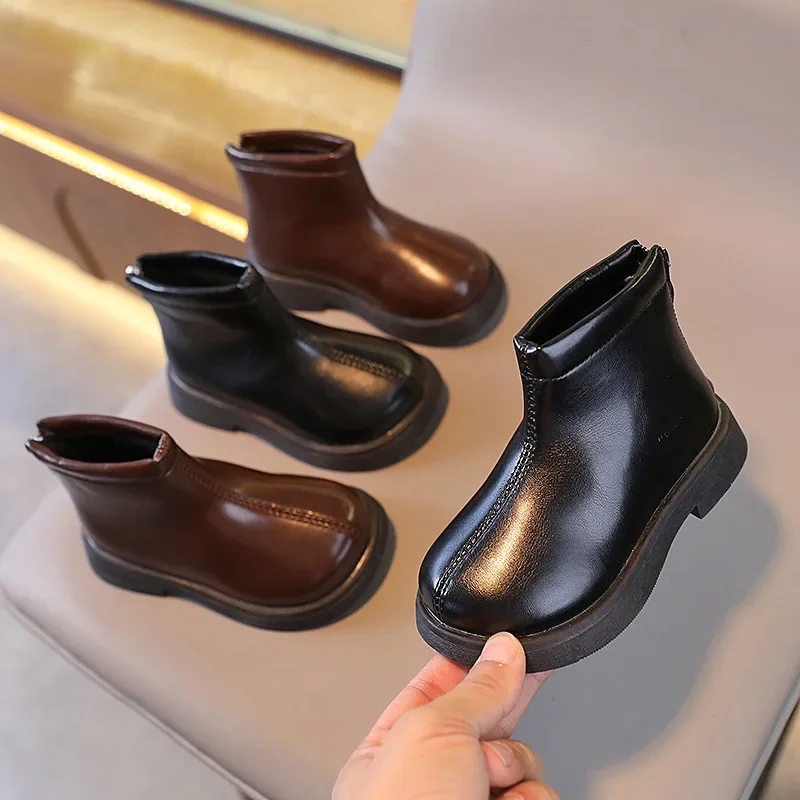 Bottes courtes en cuir de style britannique rétro pour enfants, bottes de rinçage pour enfants, non ald, solide, garçons, filles, nouvelle mode, hiver, document, 2024