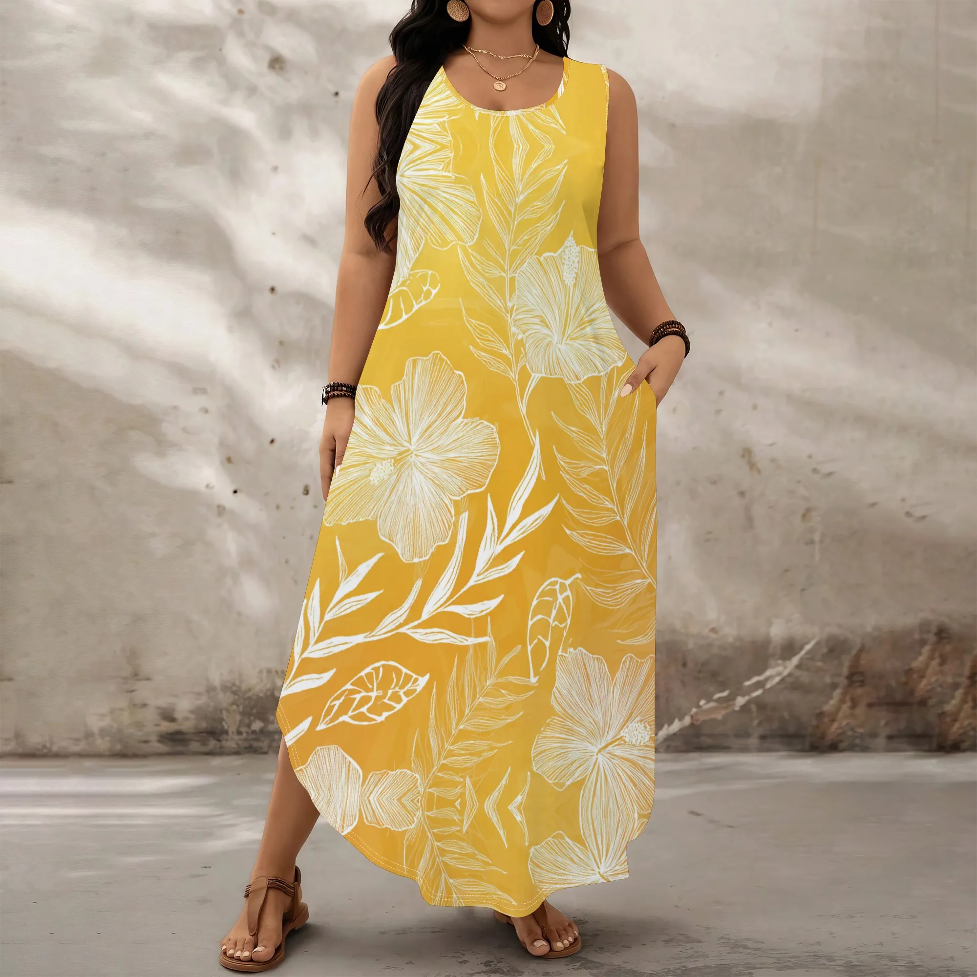 

Plus Size Hawaiian Floral Print Maxi Dress for Women XL-6XL 2025 Summer Sleeveless Yellow Loose Casual Beach Dress with Pocket