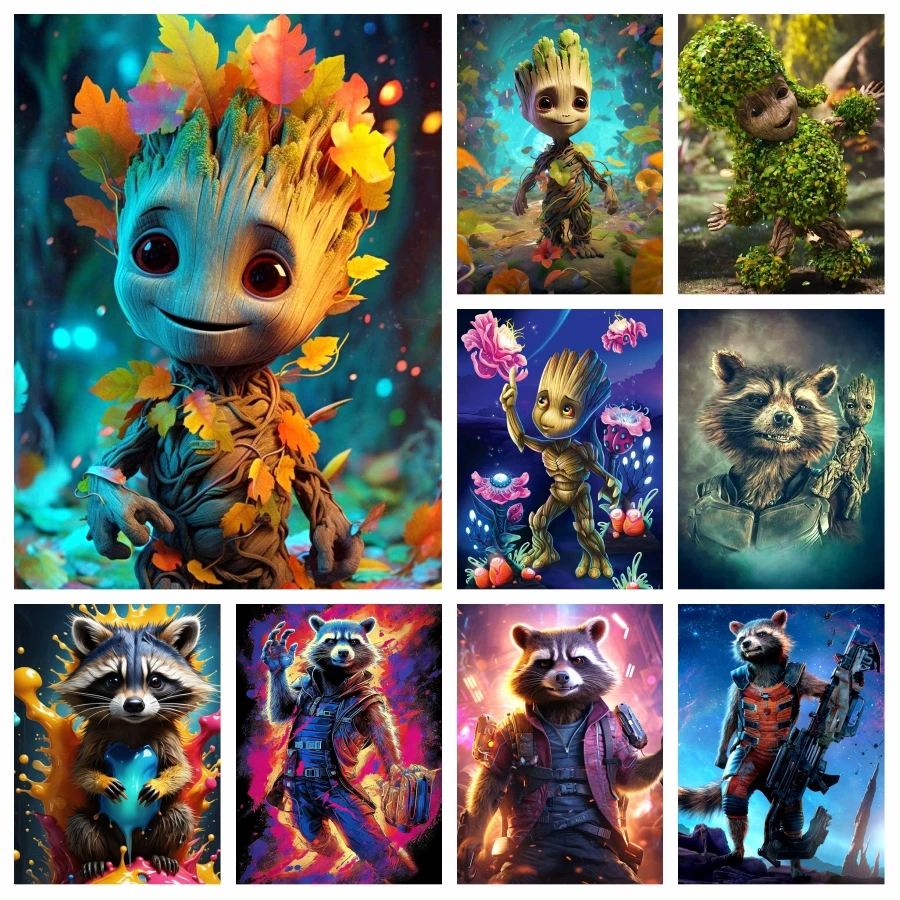 Baby Groot And Rocket Raccoon 5D Full Diamond Art Painting Guardians Of The Galaxy Marvel Movie Mosaic Cross Stitch Room Decor