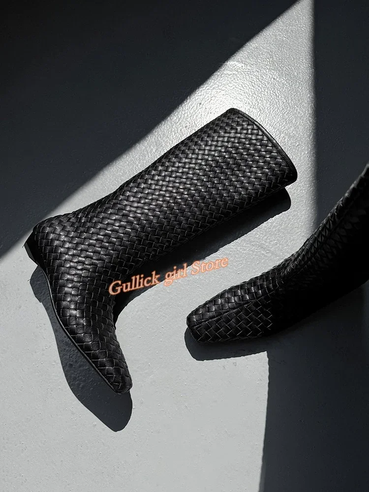 

Высокие сапоги до колена с оплеткой, модные женские туфли на танкетке без шнуровки с маленьким квадратным носком, черные, серые, подиумные туфли 2025 года, модельные туфли ручной работы, настоящие фотографии