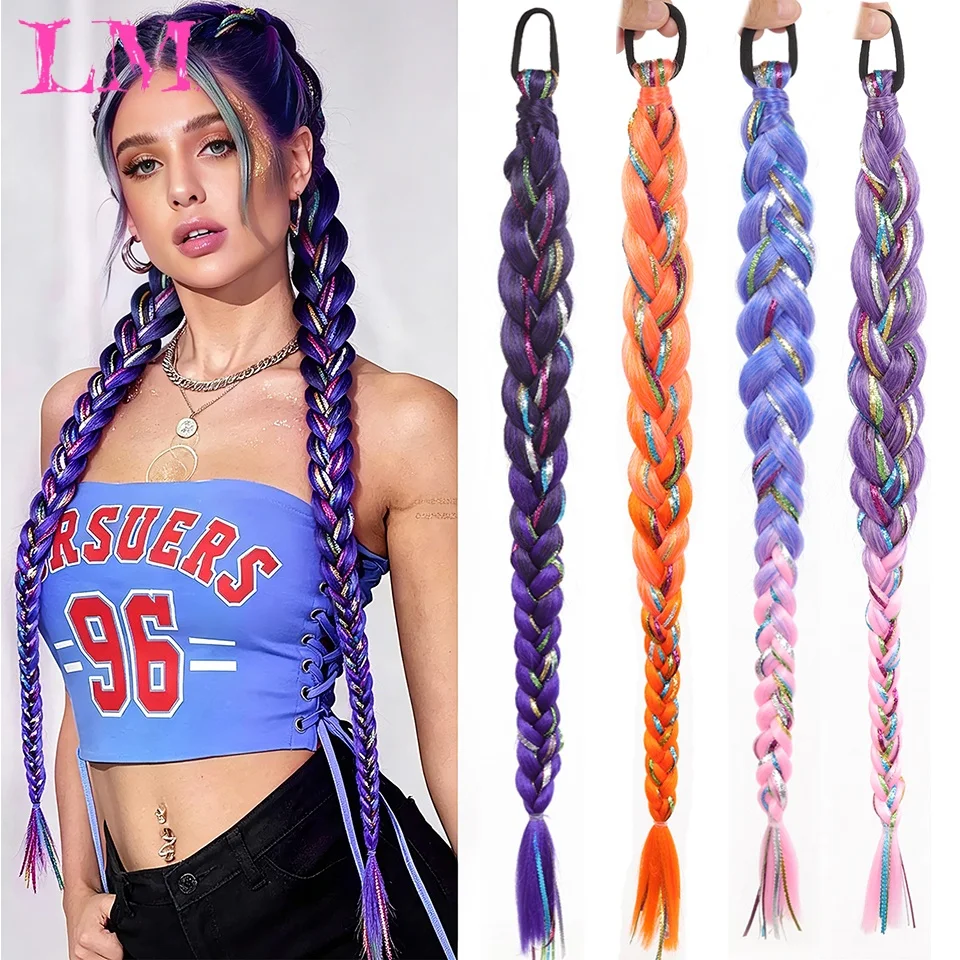 LM Synthetic Sparkly Glitter Tinsel Colored Braids Hair Extensions Elastic Hair Tie for Girls Music Festival Christmas Costume
