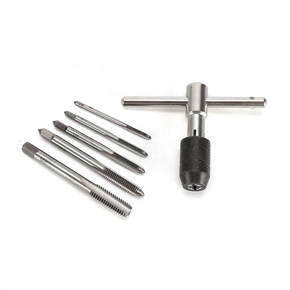 Tapping 6PCS/Set Threading Tool Tap Drill Tap Holder Ratchet Tap Wrench Alloy Steel Screw Taps + Tap Wrench M3x0.5 M4x0.7 M5x0.8