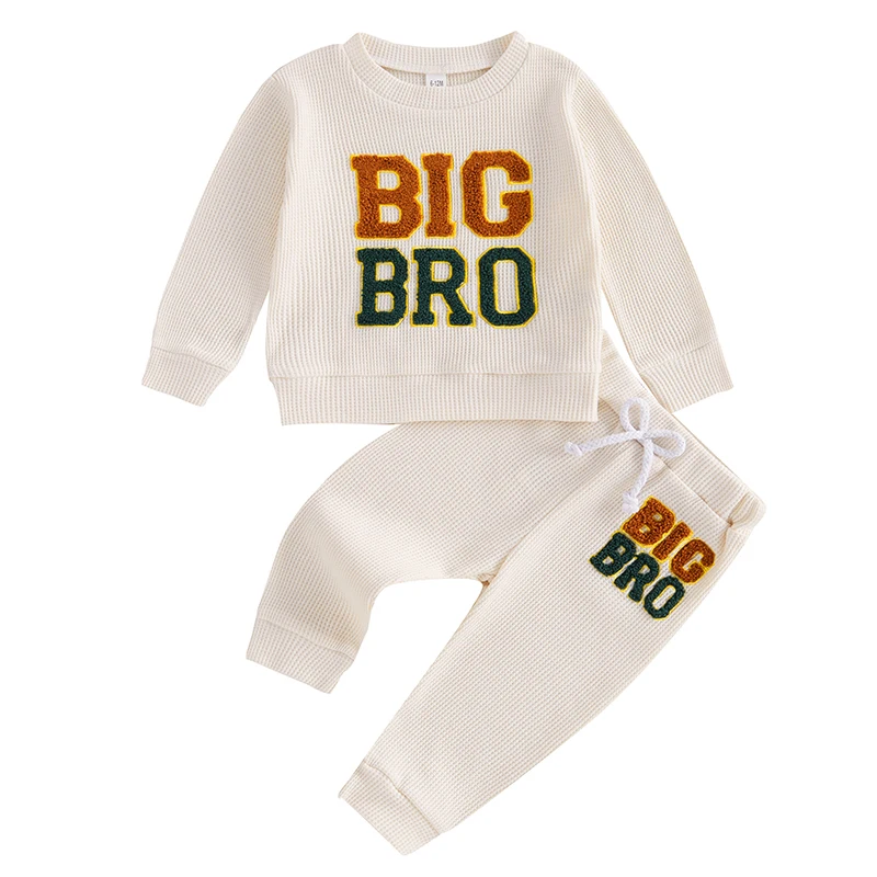 Toddler Boy Fall Outfits Letter Embroidery Long Sleeve Round Neck Sweatshirt with Elastic Waist Pants Set